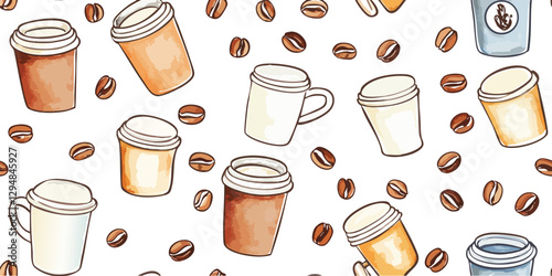 Watercolor coffee seamless pattern. Elegant drink repeat background for cafe, kitchen, design, packaging, fabric, wallpaper, branding, stationery, wrapping paper, interior