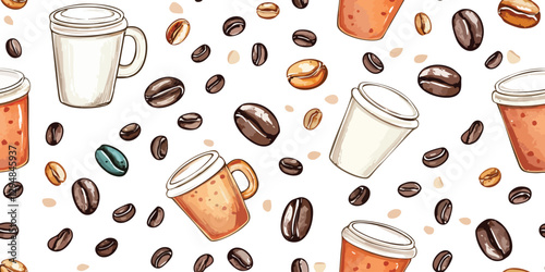Watercolor coffee seamless pattern. Elegant drink repeat background for cafe, kitchen, design, packaging, fabric, wallpaper, branding, stationery, wrapping paper, interior