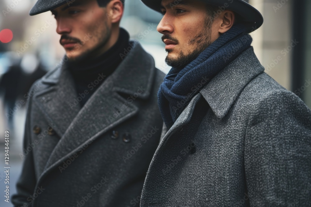 Obraz premium Two men wearing fashionable winter coats stand on a city street, Men wearing stylish and modern clothing