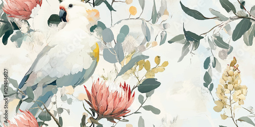 Exotic bird and flower seamless pattern. Tropical wildlife repeat background for design, packaging, fabric, wallpaper, branding, stationery, wrapping paper, interior