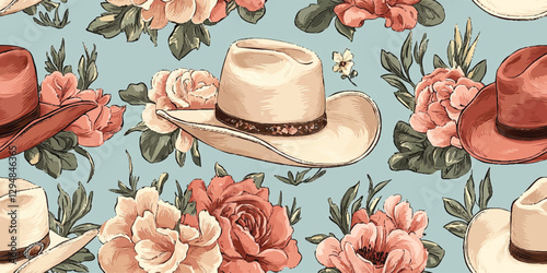 Cowgirl hat floral seamless pattern. Elegant country repeat background for design, packaging, fabric, wallpaper, branding, stationery, wrapping paper, interior