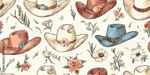 Cowgirl hat floral seamless pattern. Elegant country repeat background for design, packaging, fabric, wallpaper, branding, stationery, wrapping paper, interior