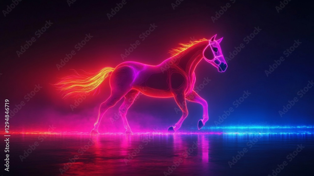 Neon Horse in Dynamic Pose, Pink Blue Light, Dark Background Neon Horse in Dynamic Pose, Pink Blue Light, Dark Background