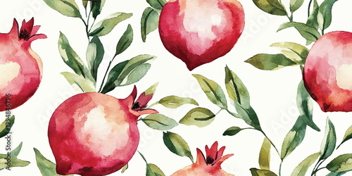 Watercolor pomegranate seamless pattern. Elegant fruit repeat background for summer, kitchen, design, packaging, fabric, wallpaper, branding, stationery, wrapping paper, interior