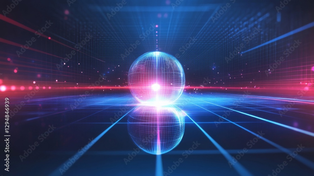 Obraz premium Glowing Sphere in Digital Grid Network