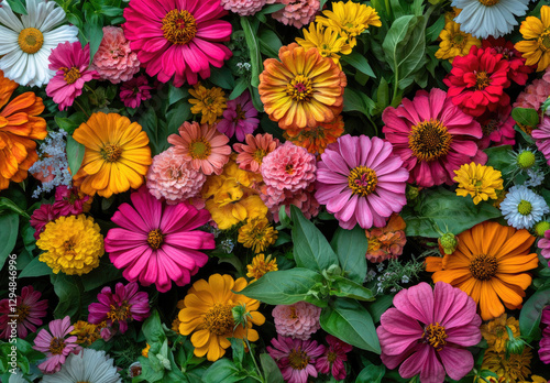 A vibrant arrangement of various colorful flowers in full bloom.