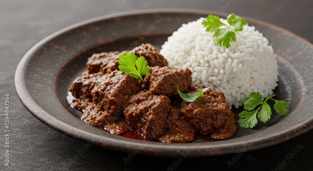 Delicious Rendang Beef with Steamed Rice Delicious Rendang Beef with Steamed Rice