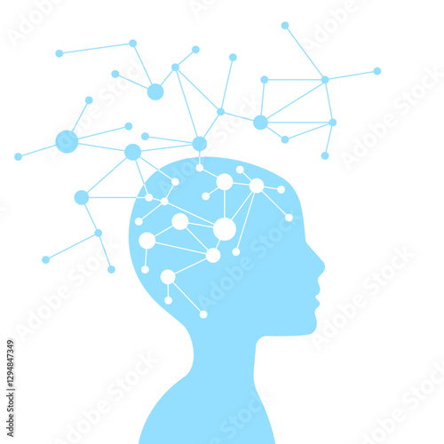 Side view of a humanoid head with neural network, representing futuristic technology and artificial intelligence. Graphic of a digital brain and Human head outline made from circuit board, connecting