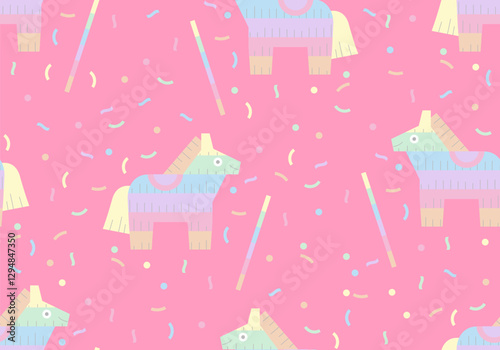 Texture of Mexican pinata as background. Colorful pinata. Seamless pattern with cartoon pinata and confetti. Festive cute texture. Colorful Pinata Pattern Design