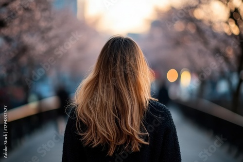A young woman stands in a black sweater with flowing hair, viewed from behind, amidst stunning cherry blossoms, evoking feelings of peace and connection to nature.