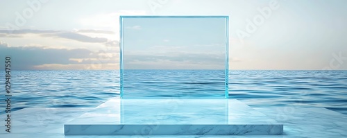 Glass podium with a background blue water Mock-up a retail product or cosmetic display stand, skincare, and pharmaceutical commercial