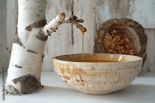 Fresh birch sap flows from a branch into a wooden bowl, with a rustic background featuring a wooden slice
