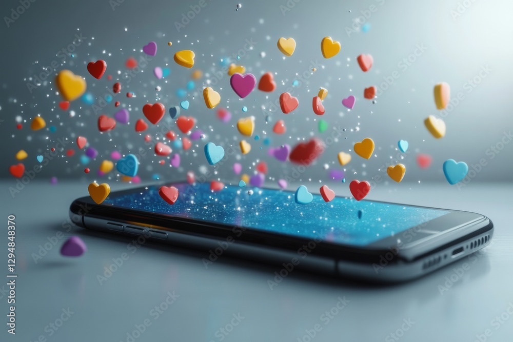 Smartphone with colorful 3D elements flying out of the screen in a digital concept Smartphone with colorful 3D elements flying out of the screen in a digital concept