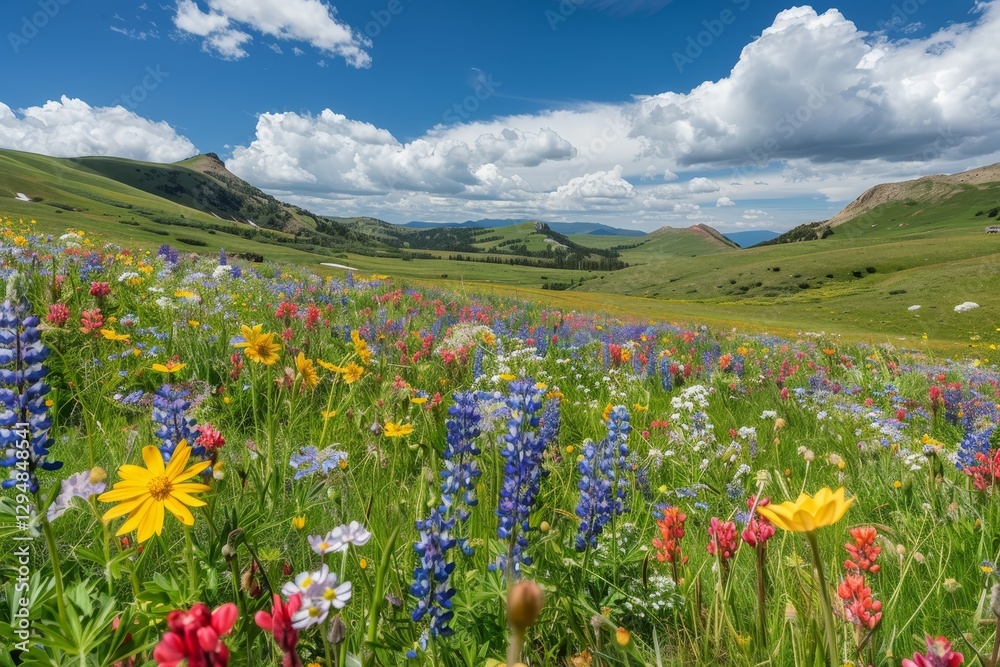 Fototapeta premium A vibrant field of wildflowers stretches towards the horizon, showcasing the beauty of nature in the Colorado mountains, Vibrant field of wildflowers stretching to the horizon