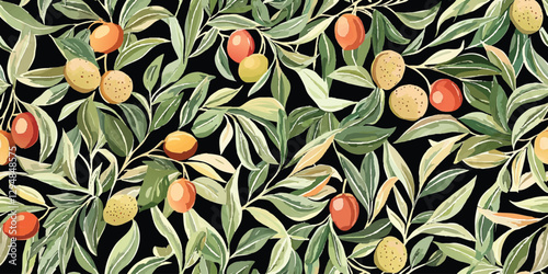 Olive branch seamless pattern. Elegant plant repeat background for kitchen, restaurant, menu design, packaging, fabric, wallpaper, branding, stationery, wrapping paper, interior