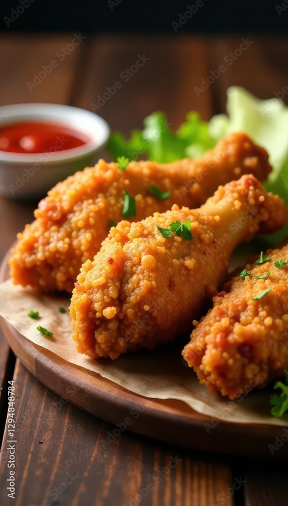 Buttermilk fried chicken drumsticks on a wooden surface with dipping sauce, table, , fried Buttermilk fried chicken drumsticks on a wooden surface with dipping sauce, table, , fried