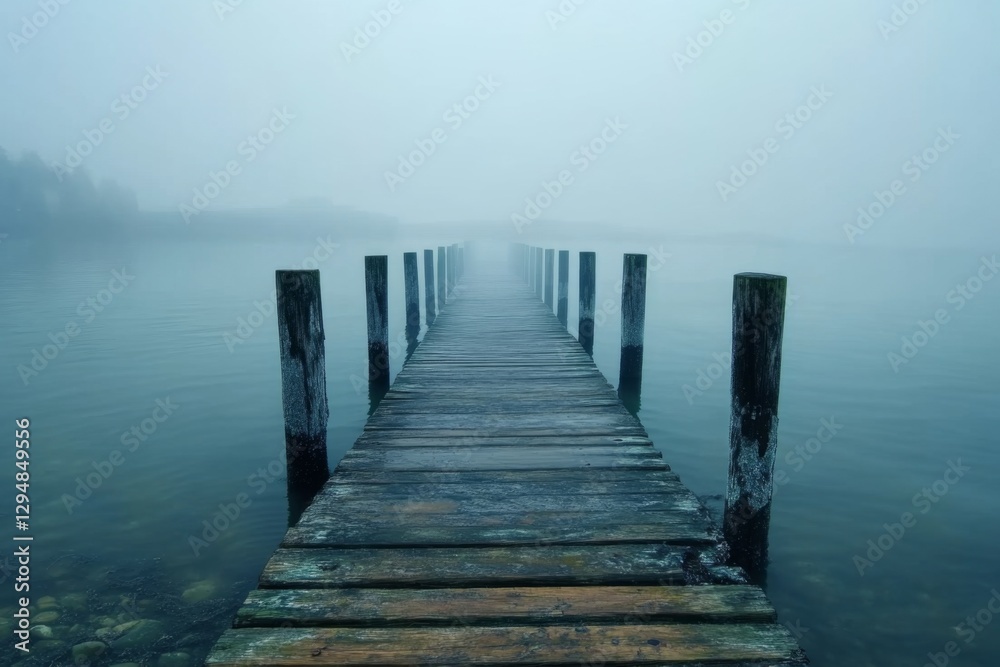 Moody misty wooden pier extending into a calm lake under a foggy atmosphere Moody misty wooden pier extending into a calm lake under a foggy atmosphere