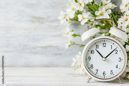 Spring forward. Time change in spring. Daylight saving time. Vintage alarm clock with tiny white spring blooming tree branches flowers. Clock turn forward one hour in spring