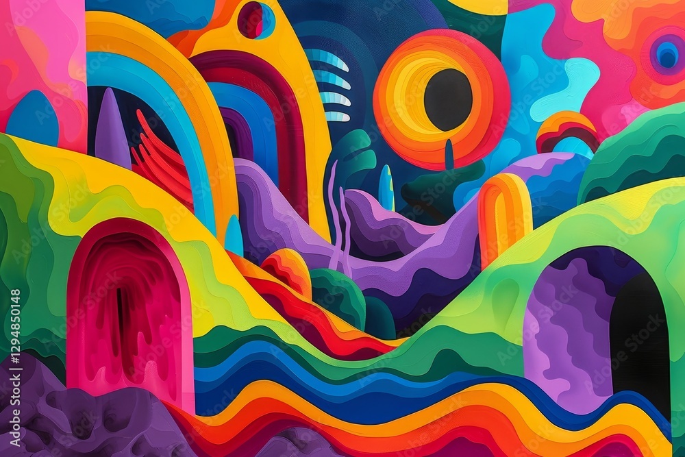 Obraz premium A surreal landscape of colorful, wavy hills and arched openings, painted in vibrant hues, A surreal landscape of surrealistic shapes and forms in bold colors