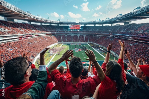 A packed stadium filled with cheering fans in red and white, watching a college football game, A stadium filled with cheering fans in team colors