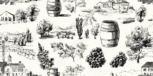 Seamless vintage vineyard vector pattern with hand-drawn wine landscapes, grapevines, barrels, rustic architecture. Elegant winery themed background for packaging, restaurant branding, menus, textiles