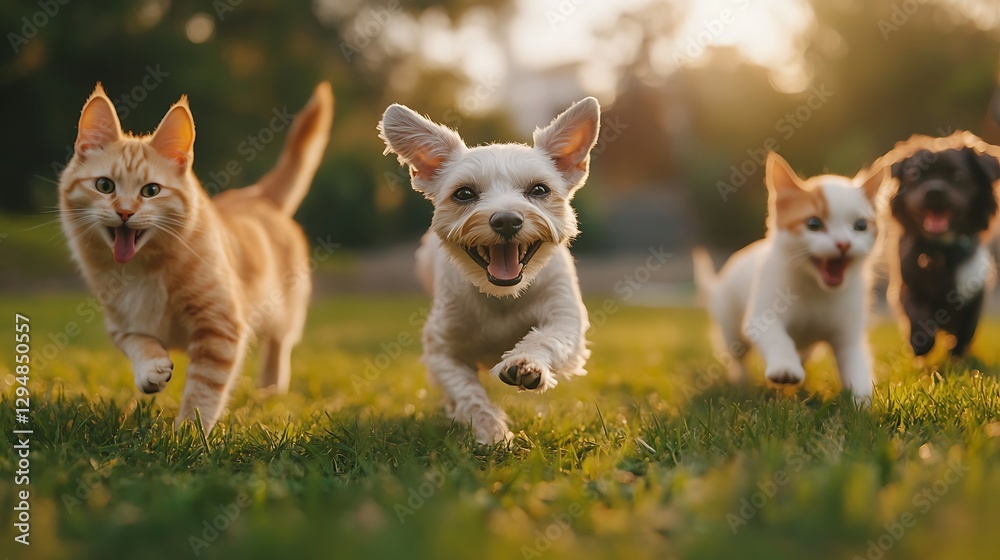 Joyful dog and cat running through open field Joyful dog and cat running through open field