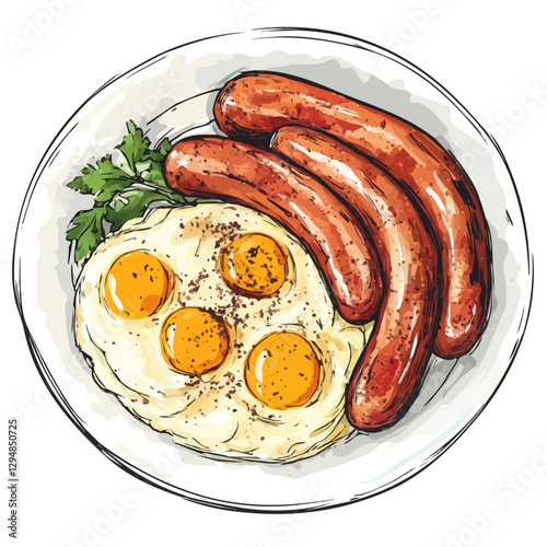 Bangers and mash minimalist 2D vector graphic illustration sketch on a white background.

