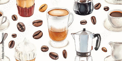 Coffee seamless pattern. Elegant drink repeat background for cafe, kitchen, restaurant, menu. design, packaging, fabric, wallpaper, branding, stationery, wrapping paper, interior