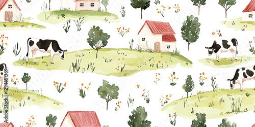 Watercolor farm seamless pattern. Elegant country repeat background for design, textile, packaging, fabric, wallpaper, branding, stationery, wrapping paper, interior