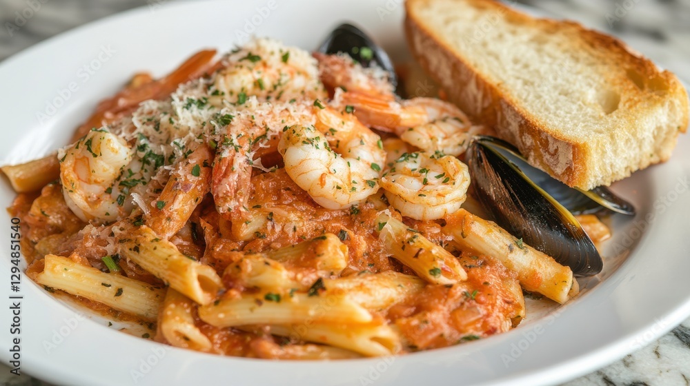 Seafood Pasta Dish with Garlic Bread and Herbs Seafood Pasta Dish with Garlic Bread and Herbs