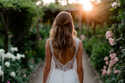 Wallpaper Mural A woman in a delicate white dress stands in a garden filled with blooming roses, captured during the golden hour, embodying beauty and serenity in the floral ambiance. Torontodigital.ca