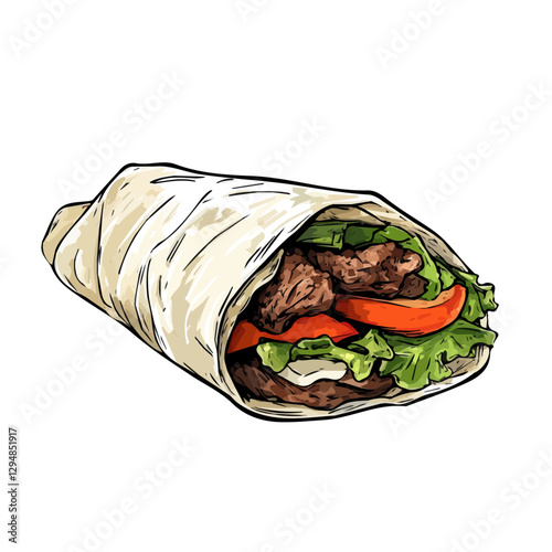 Beef shawarma minimalist 2D vector graphic illustration sketch on a white background.

