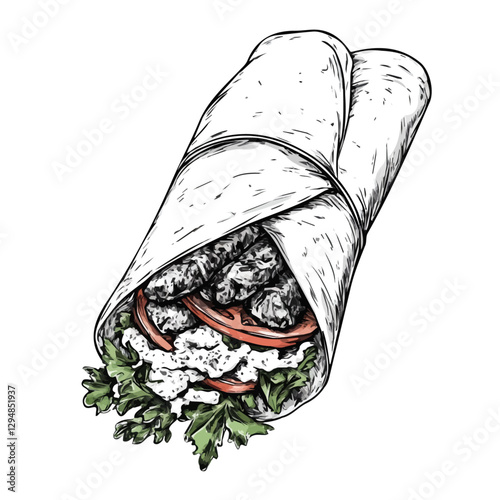 Beef shawarma minimalist 2D vector graphic illustration sketch on a white background.

