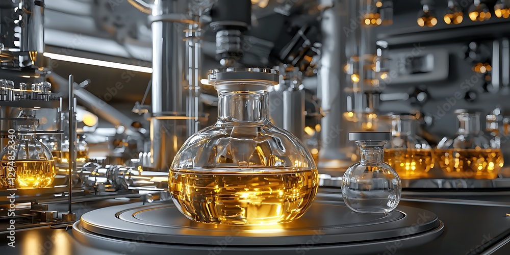 Close-up of laboratory glassware with liquid inside, with factory background Close-up of laboratory glassware with liquid inside, with factory background