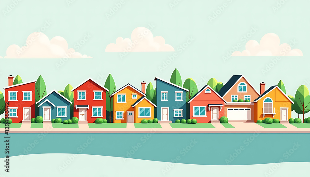 Colorful houses on a street with trees and sky background Colorful houses on a street with trees and sky background