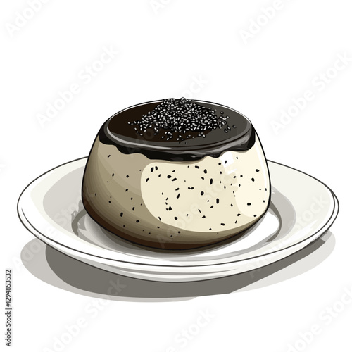 Black sesame pudding minimalist 2D vector graphic illustration sketch on a white background.

