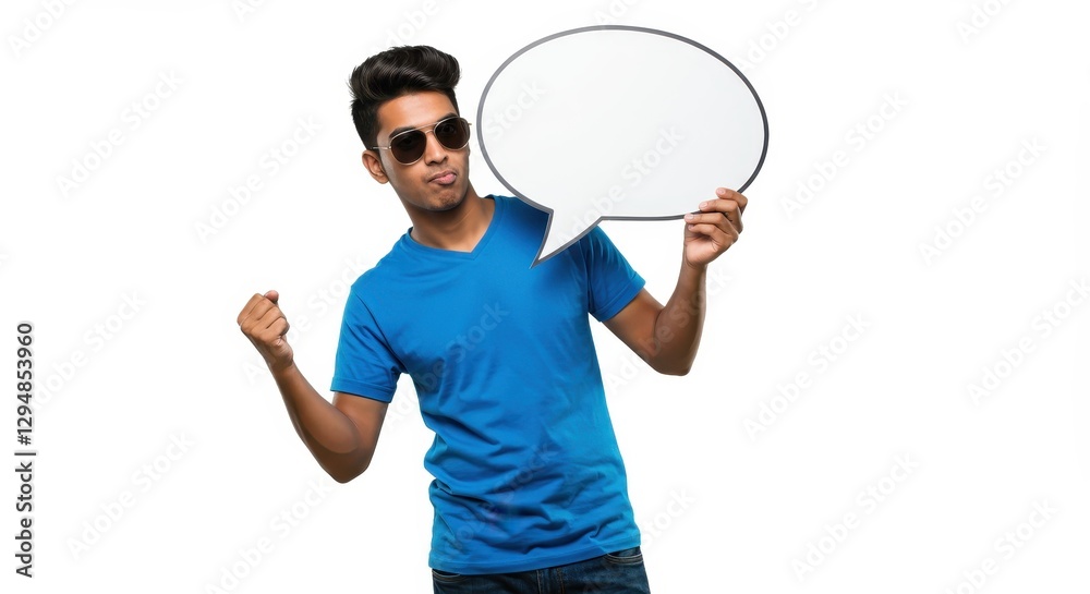Young Man Holding a Speech Bubble, Ready to Communicate Young Man Holding a Speech Bubble, Ready to Communicate