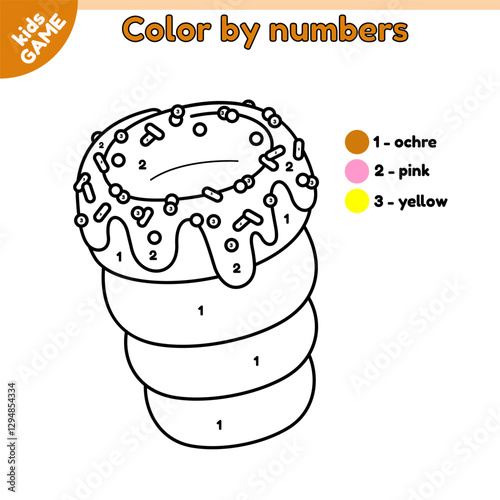 Page of the coloring book by numbers for children. Trdelnik or trdlo is traditional Czech Christmas street food. Color the contour Xmas baking. Kids activities book. Baby vector outline illustration.