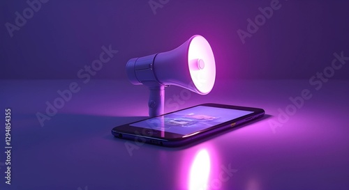 Futuristic Digital Marketing: Illuminated Megaphone on Smartphone Symbolizing Online Advertising and Outreach