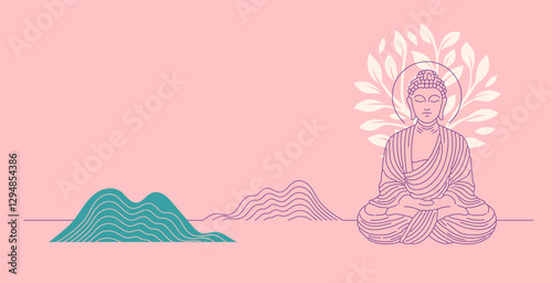 Buddha Purnima, Vesak Day minimalist linear concept design with Buddha and lotus illustration, abstract background, banner, poster and flyer