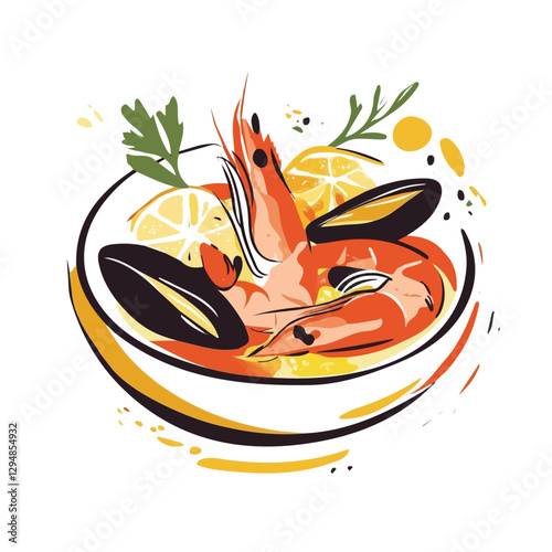 Bouillabaisse minimalist 2D vector graphic illustration sketch on a white background.

