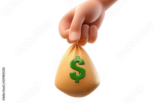 Hand holding a white money bag with a green dollar sign, accompanied by floating gold coins, isolated on a white background. Financial security concept. 3D Rendering.
