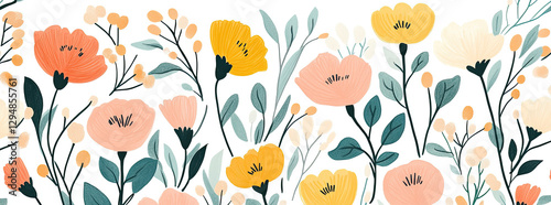 A vibrant floral pattern featuring various colorful flowers and greenery.