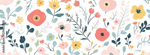 A vibrant floral pattern featuring various colorful flowers and leaves on a white background.