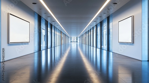 Sleek modern school hallway with art display frames showcasing student artwork