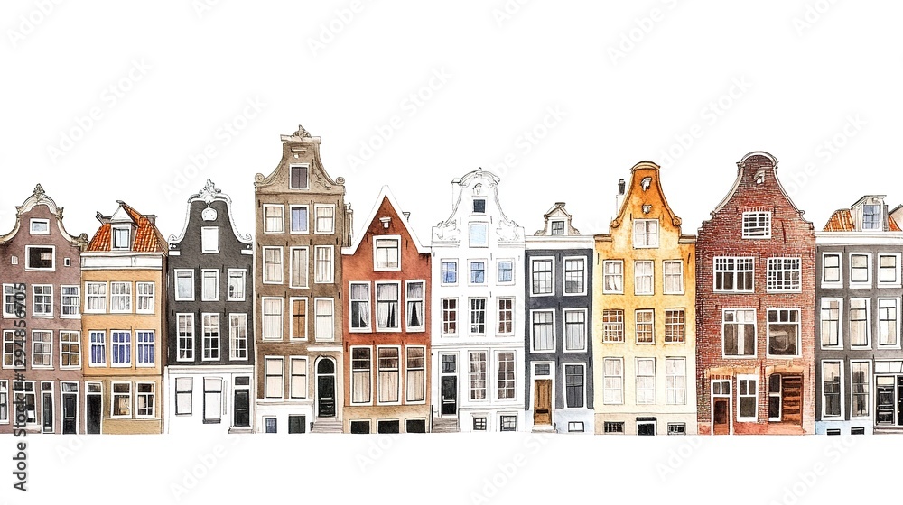 Fototapeta premium Houses in Amsterdam, watercolor on white