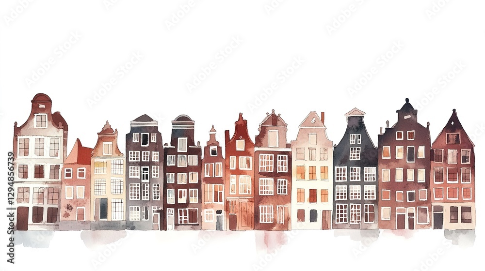 Fototapeta premium Houses in Amsterdam, watercolor on white 