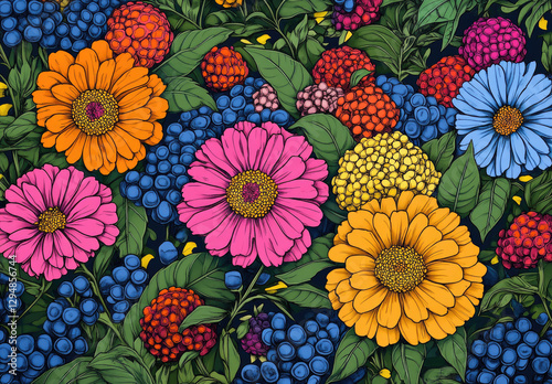A vibrant illustration of colorful flowers and berries against a dark background.