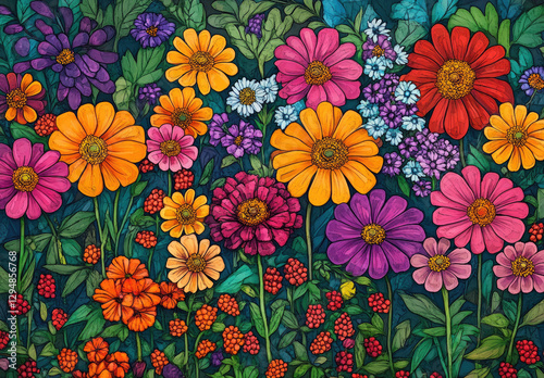 A vibrant illustration of various colorful flowers in a lush garden setting.