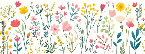 A vibrant illustration of various flowers and plants in a colorful, decorative style.